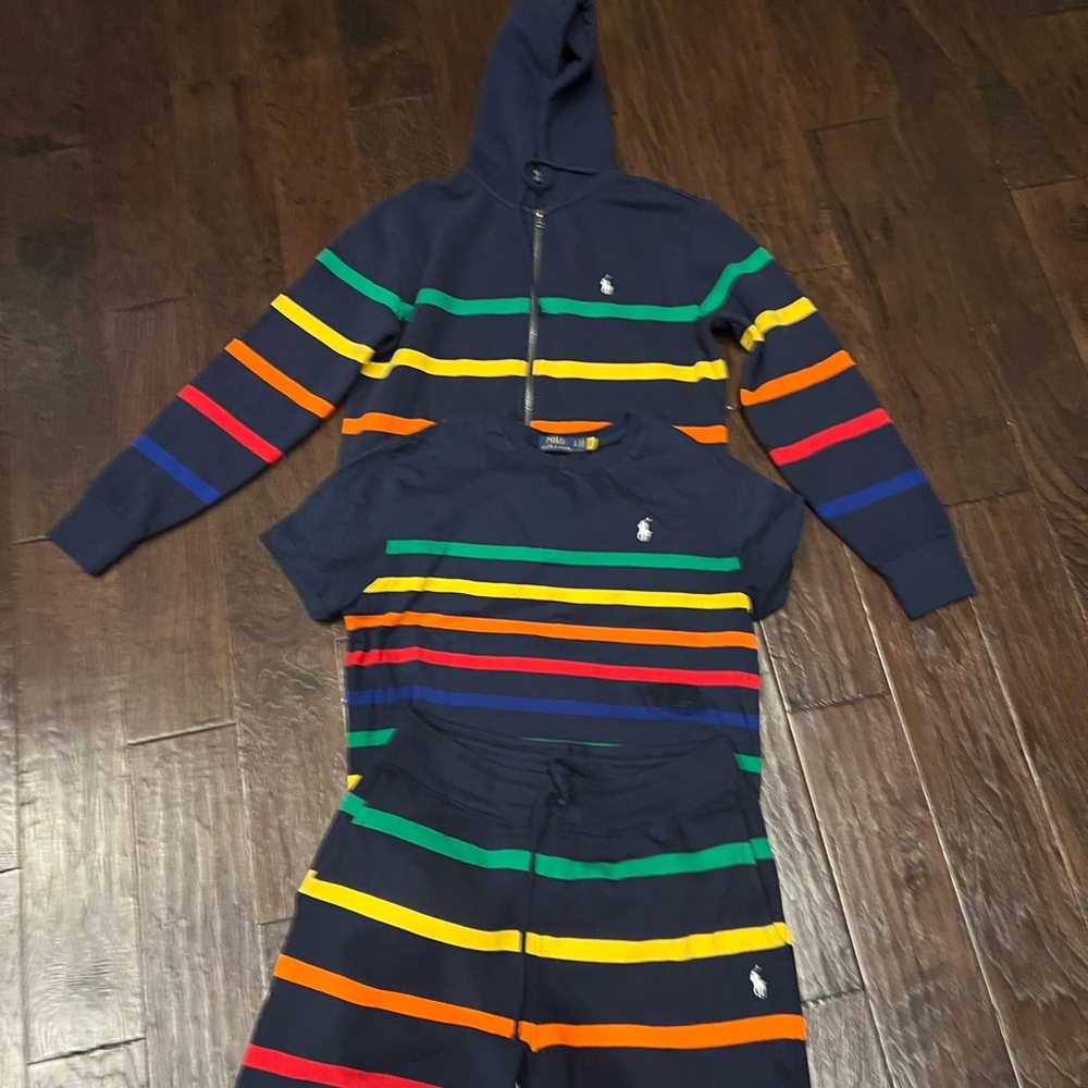 Ralph Lauren Navy and Multicolor Striped Apparel- Hoodie, T shirt, and Shorts